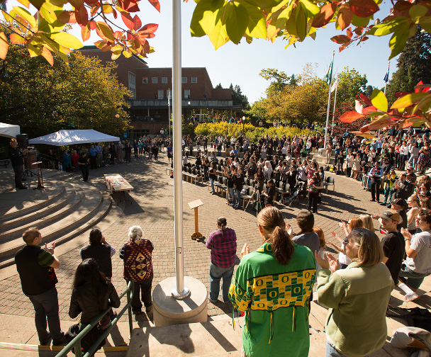 Oregon Tribes at a ceremony in the ampitheater at Erb Memorial Union