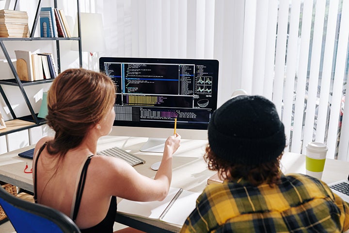 Two students from behind looking at a computer screen full of data.