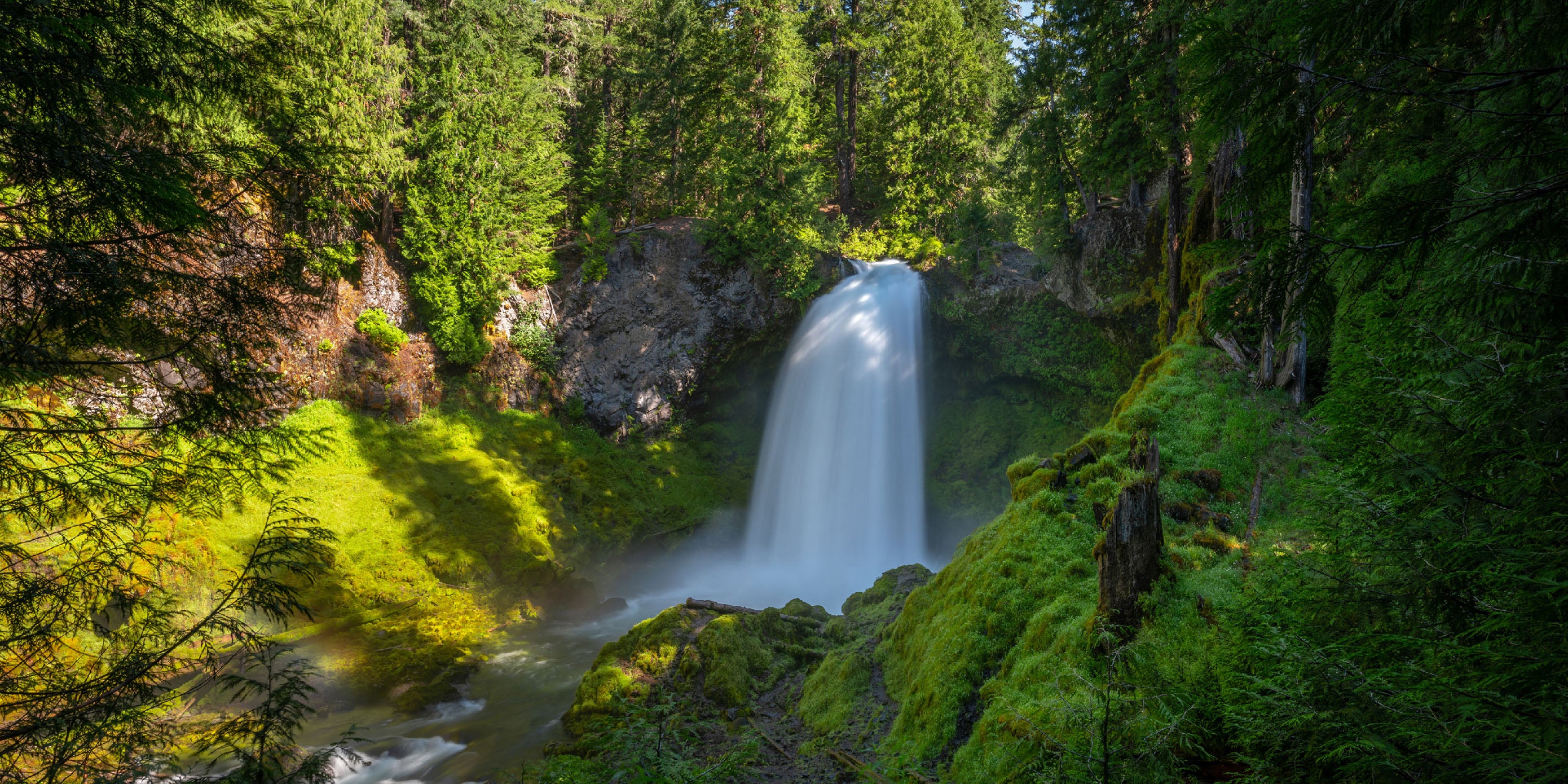 Green trees and lush, mossy-covered rocks frame Sahalie Falls, a popular hike about an hour east of Eugene on the McKenzie River.