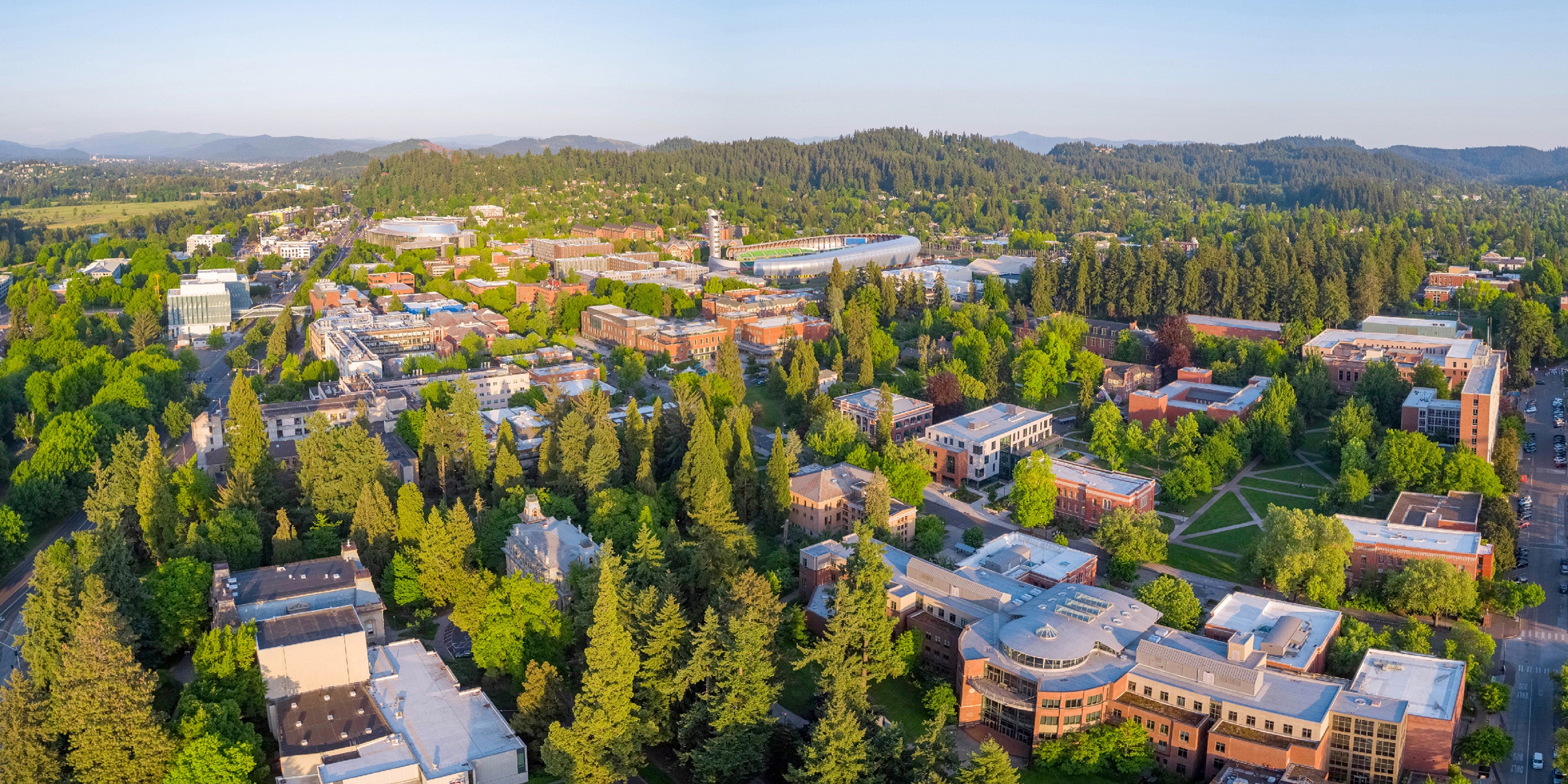 Aerial view of the University of Oregon campus in the evening light.