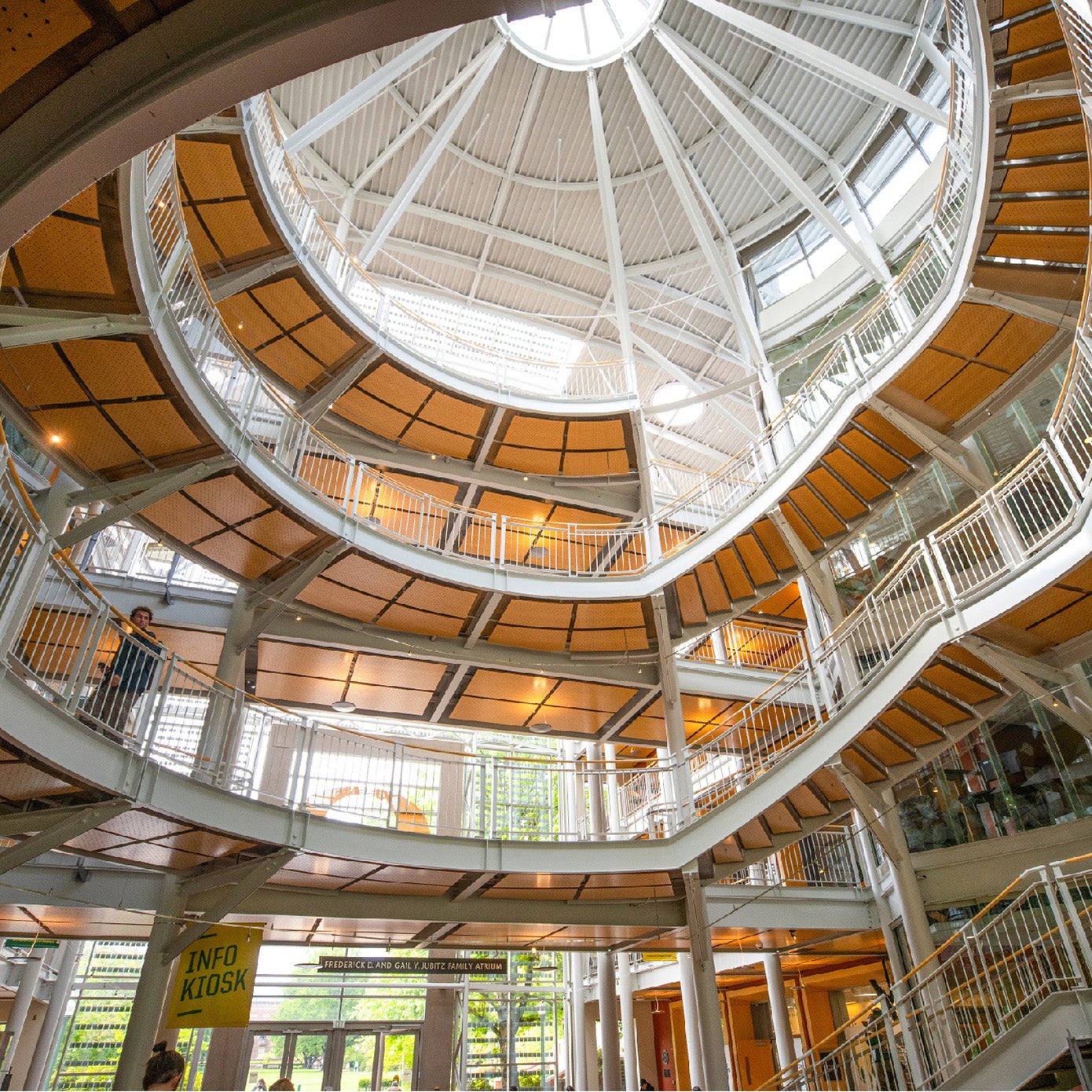 A ground floor picture of the spiral stairs in the Lillis Business Complex atrium—home to the Lundquist College of Business.