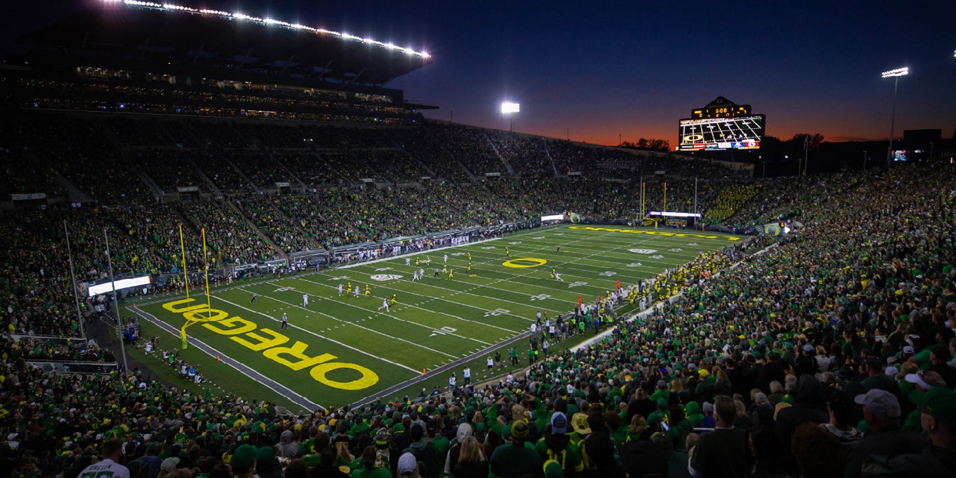 Fans pack out Autzen Stadium to cheer on the Ducks at a home game