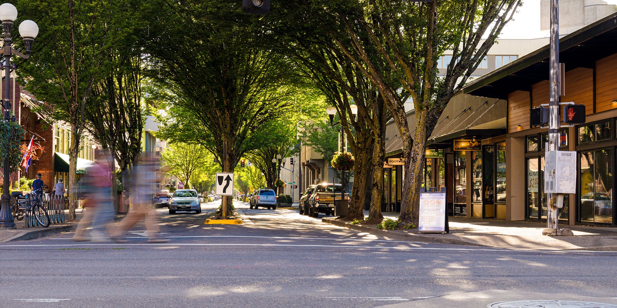 A tree covered street with shops and pedestrians